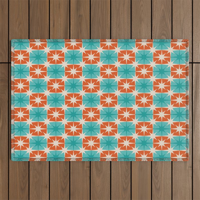 Mid Century Modern Atomic Stars Retro Checkered Starburst Pattern in Teal Turquoise Orange Outdoor Rug Gallery Image 1