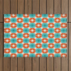 Mid Century Modern Atomic Stars Retro Checkered Starburst Pattern in Teal Turquoise Orange Outdoor Rug Gallery Image 1