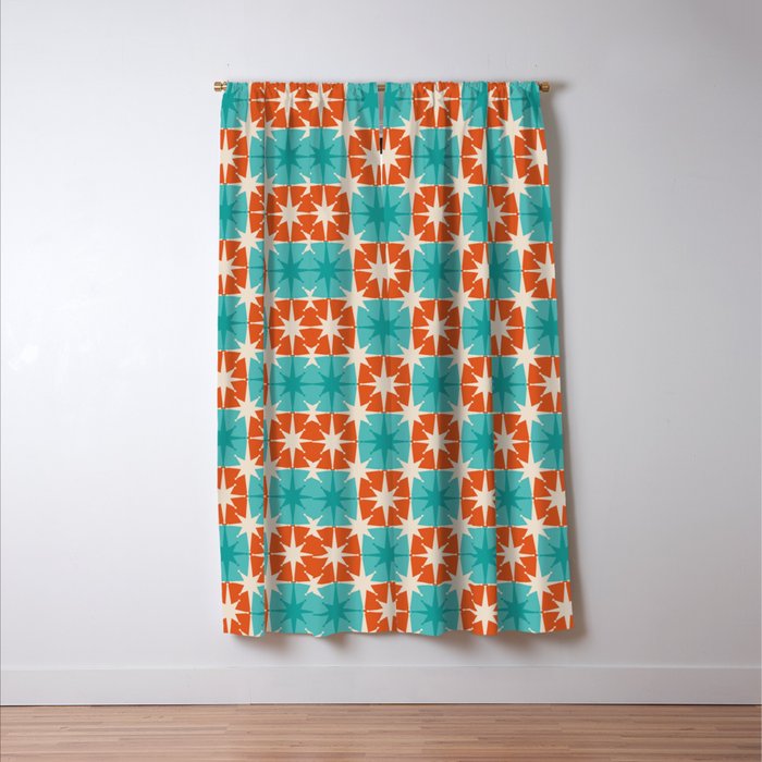 Mid Century Modern Atomic Stars Retro Checkered Starburst Pattern in Teal Turquoise Orange Window Curtain Gallery Image 3