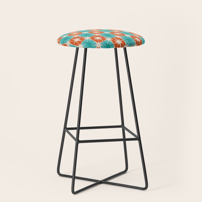 Mid Century Modern Atomic Stars Retro Checkered Starburst Pattern in Teal Turquoise Orange Stool Gallery Image 1