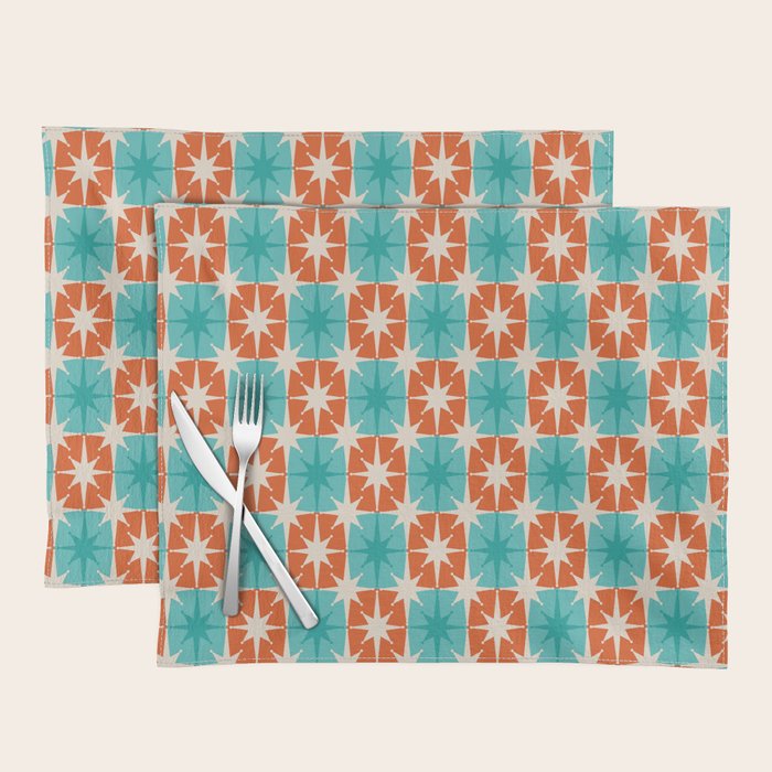 Mid Century Modern Atomic Stars Retro Checkered Starburst Pattern in Teal Turquoise Orange Placemat Gallery Image 1