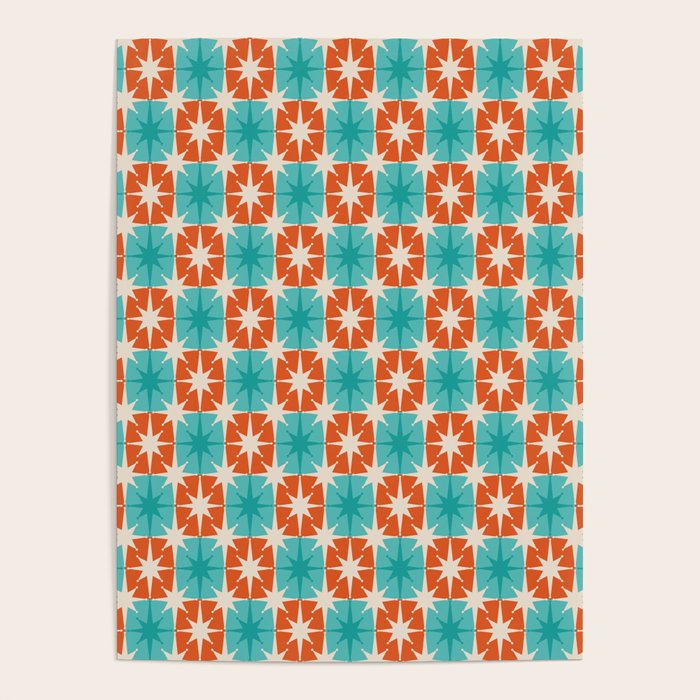 Mid Century Modern Atomic Stars Retro Checkered Starburst Pattern in Teal Turquoise Orange Poster Gallery Image 4