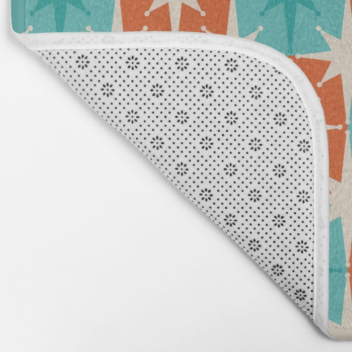 Mid Century Modern Atomic Stars Retro Checkered Starburst Pattern in Teal Turquoise Orange Bath Mat Gallery Image 2