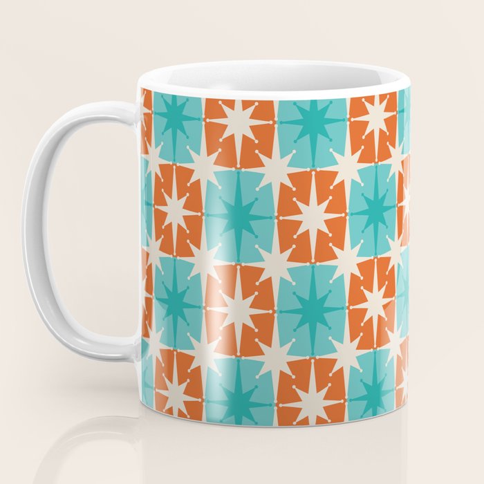 Mid Century Modern Atomic Stars Retro Checkered Starburst Pattern in Teal Turquoise Orange Coffee Mug Gallery Image 3