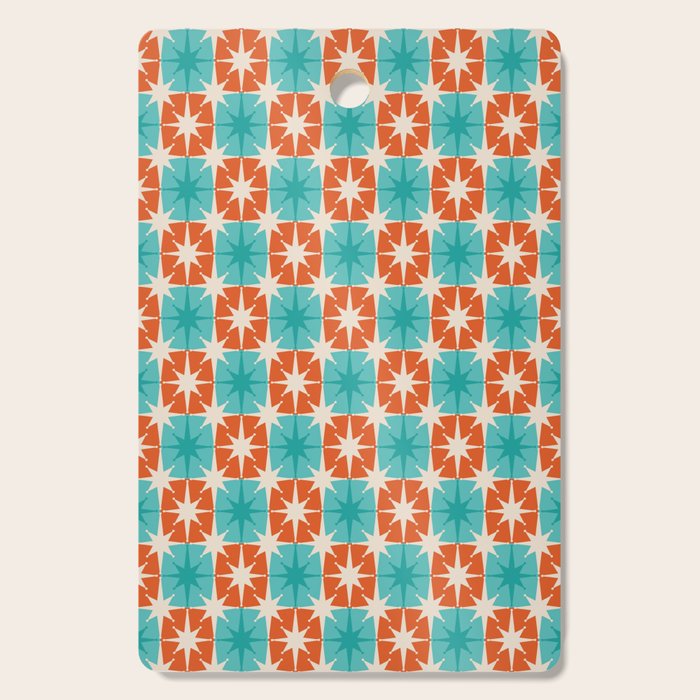 Mid Century Modern Atomic Stars Retro Checkered Starburst Pattern in Teal Turquoise Orange Cutting Board Gallery Image 1