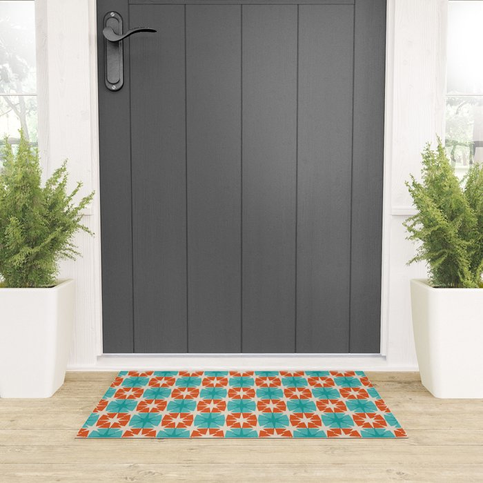Mid Century Modern Atomic Stars Retro Checkered Starburst Pattern in Teal Turquoise Orange Welcome Mat Gallery Image 3