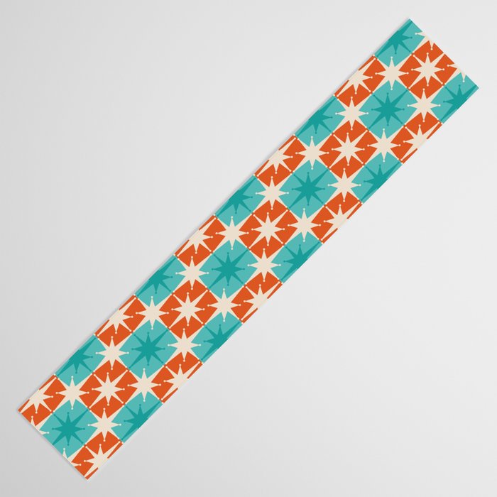 Mid Century Modern Atomic Stars Retro Checkered Starburst Pattern in Teal Turquoise Orange Table Runner Gallery Image 3