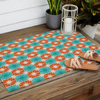 Mid Century Modern Atomic Stars Retro Checkered Starburst Pattern in Teal Turquoise Orange Outdoor Rug Gallery Image 2