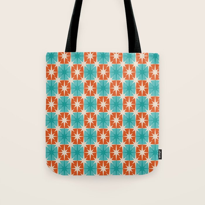 Mid Century Modern Atomic Stars Retro Checkered Starburst Pattern in Teal Turquoise Orange Tote Bag Gallery Image 1
