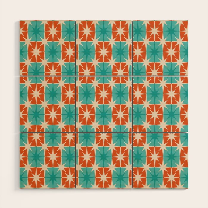Mid Century Modern Atomic Stars Retro Checkered Starburst Pattern in Teal Turquoise Orange Wood Wall Art Gallery Image 1
