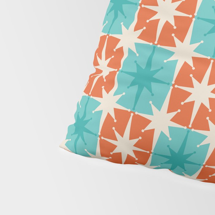 Mid Century Modern Atomic Stars Retro Checkered Starburst Pattern in Teal Turquoise Orange Pillow Sham Gallery Image 4