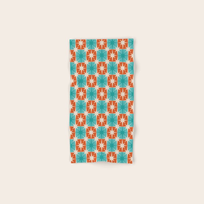 Mid Century Modern Atomic Stars Retro Checkered Starburst Pattern in Teal Turquoise Orange Bath Towel Gallery Image 1