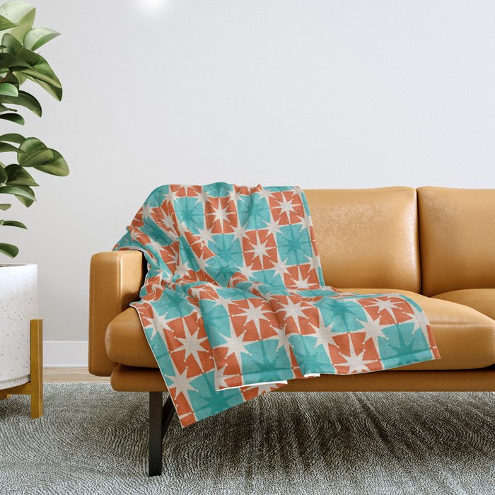 Mid Century Modern Atomic Stars Retro Checkered Starburst Pattern in Teal Turquoise Orange Throw Blanket Gallery Image 1