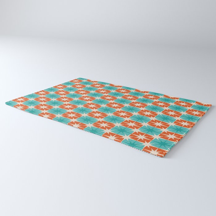 Mid Century Modern Atomic Stars Retro Checkered Starburst Pattern in Teal Turquoise Orange Rug Gallery Image 3