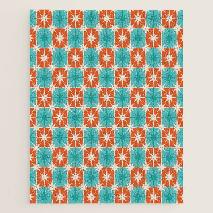 Mid Century Modern Atomic Stars Retro Checkered Starburst Pattern in Teal Turquoise Orange Jigsaw Puzzle Gallery Image 1