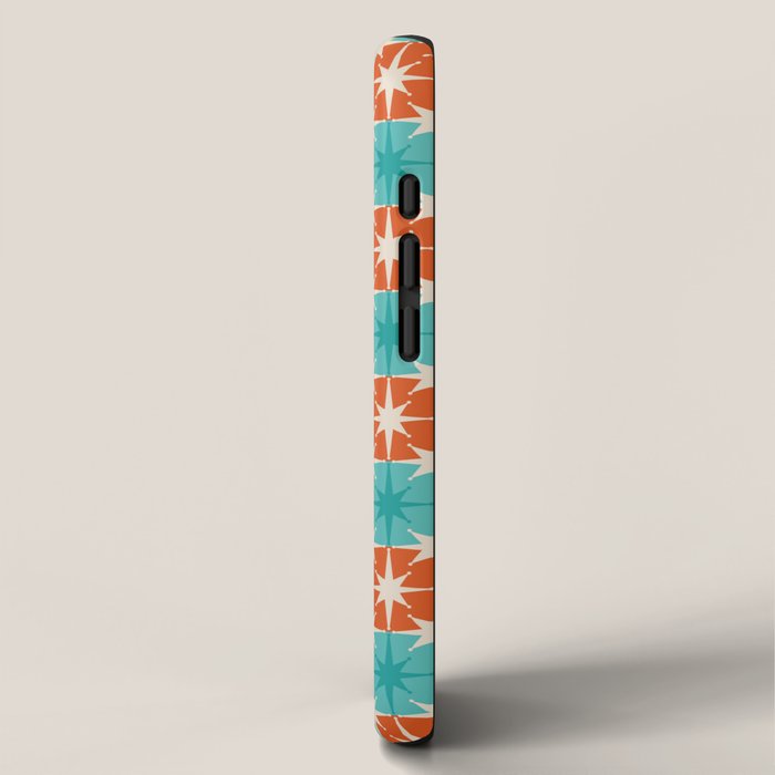 Mid Century Modern Atomic Stars Retro Checkered Starburst Pattern in Teal Turquoise Orange iPhone Case Gallery Image 2