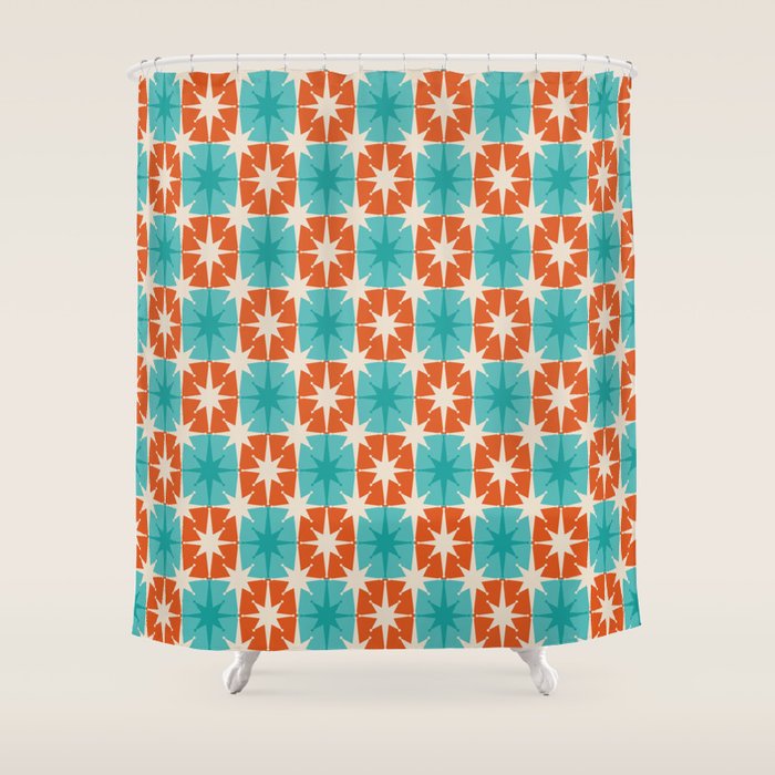 Mid Century Modern Atomic Stars Retro Checkered Starburst Pattern in Teal Turquoise Orange Shower Curtain Gallery Image 1