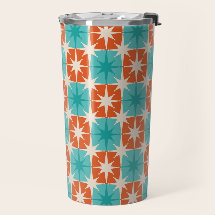 Mid Century Modern Atomic Stars Retro Checkered Starburst Pattern in Teal Turquoise Orange Travel Mug Gallery Image 2