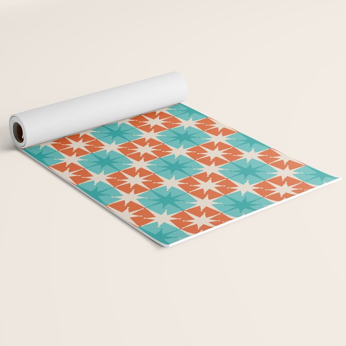 Mid Century Modern Atomic Stars Retro Checkered Starburst Pattern in Teal Turquoise Orange Yoga Mat Gallery Image 2