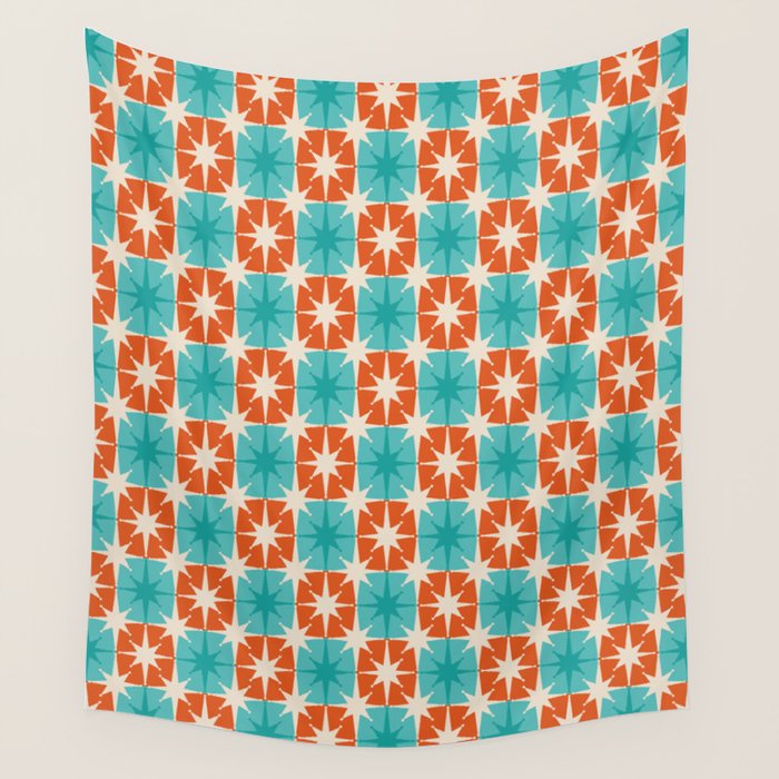 Mid Century Modern Atomic Stars Retro Checkered Starburst Pattern in Teal Turquoise Orange Wall Tapestry Gallery Image 4
