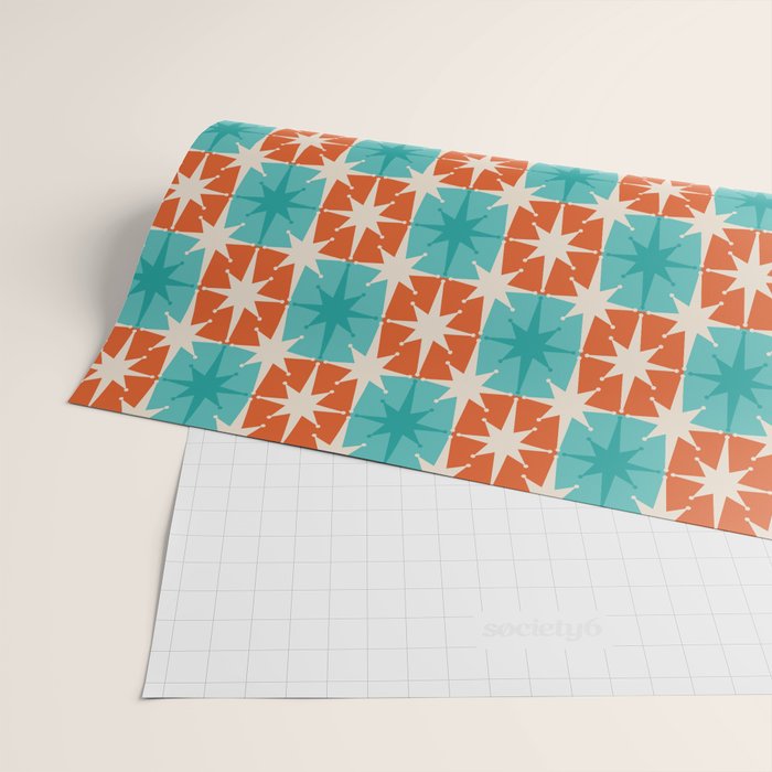 Mid Century Modern Atomic Stars Retro Checkered Starburst Pattern in Teal Turquoise Orange Wrapping Paper Gallery Image 2