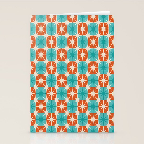 Mid Century Modern Atomic Stars Retro Checkered Starburst Pattern in Teal Turquoise Orange Stationery Card Gallery Image 1