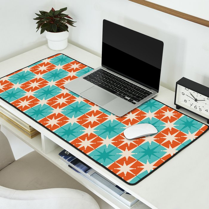 Mid Century Modern Atomic Stars Retro Checkered Starburst Pattern in Teal Turquoise Orange Desk Mat Gallery Image 2
