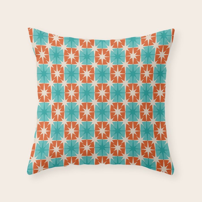Mid Century Modern Atomic Stars Retro Checkered Starburst Pattern in Teal Turquoise Orange Throw Pillow Gallery Image 1