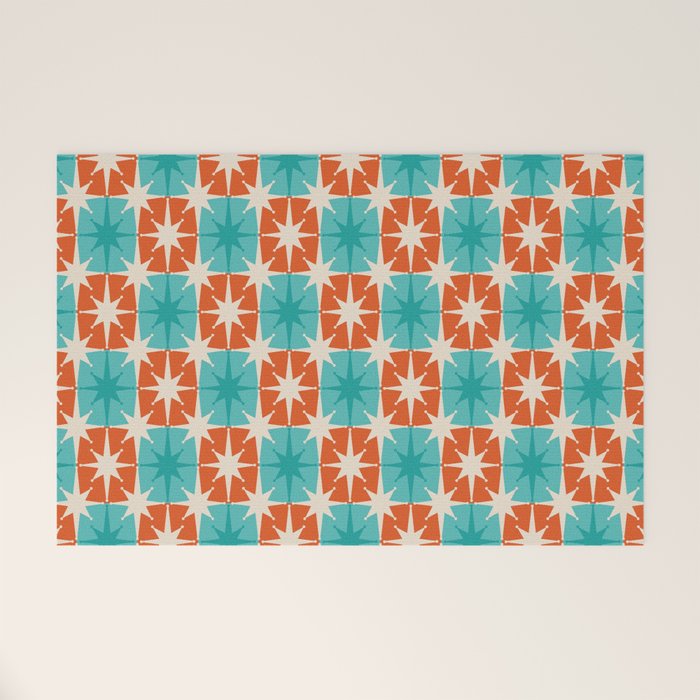 Mid Century Modern Atomic Stars Retro Checkered Starburst Pattern in Teal Turquoise Orange Welcome Mat Gallery Image 1