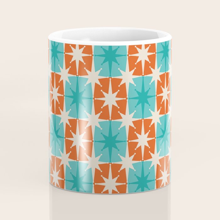 Mid Century Modern Atomic Stars Retro Checkered Starburst Pattern in Teal Turquoise Orange Coffee Mug Gallery Image 4