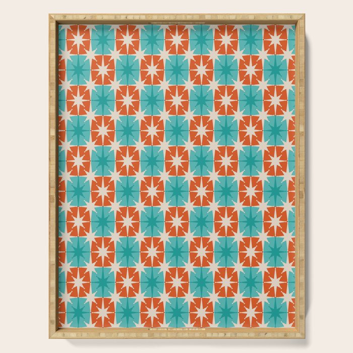 Mid Century Modern Atomic Stars Retro Checkered Starburst Pattern in Teal Turquoise Orange Serving Tray Gallery Image 1