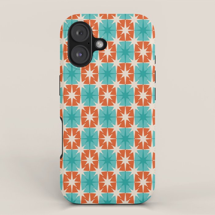 Mid Century Modern Atomic Stars Retro Checkered Starburst Pattern in Teal Turquoise Orange iPhone Case Gallery Image 1