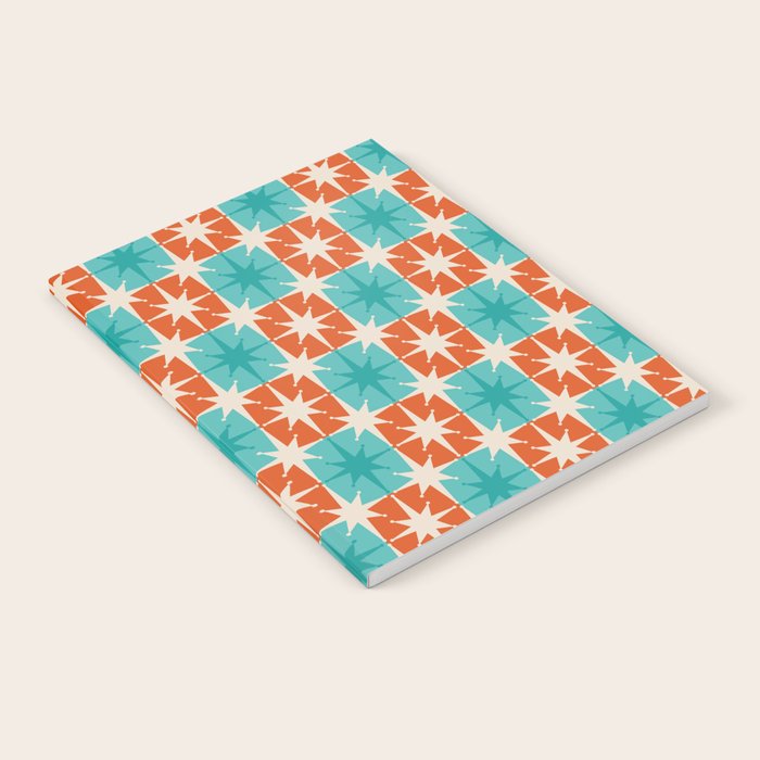 Mid Century Modern Atomic Stars Retro Checkered Starburst Pattern in Teal Turquoise Orange Notebook Gallery Image 2