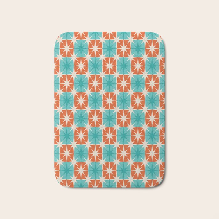 Mid Century Modern Atomic Stars Retro Checkered Starburst Pattern in Teal Turquoise Orange Bath Mat Gallery Image 1