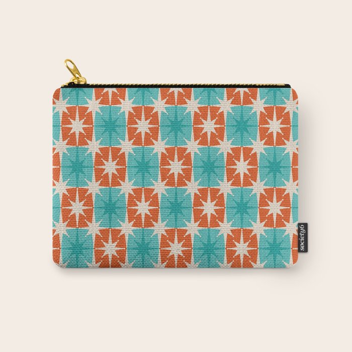 Mid Century Modern Atomic Stars Retro Checkered Starburst Pattern in Teal Turquoise Orange Carry All Pouch Gallery Image 1