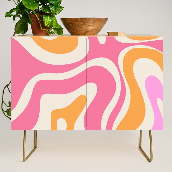 Modern Retro Liquid Swirl Abstract Pattern Vertical Pink and Orange Credenza Gallery Image 1