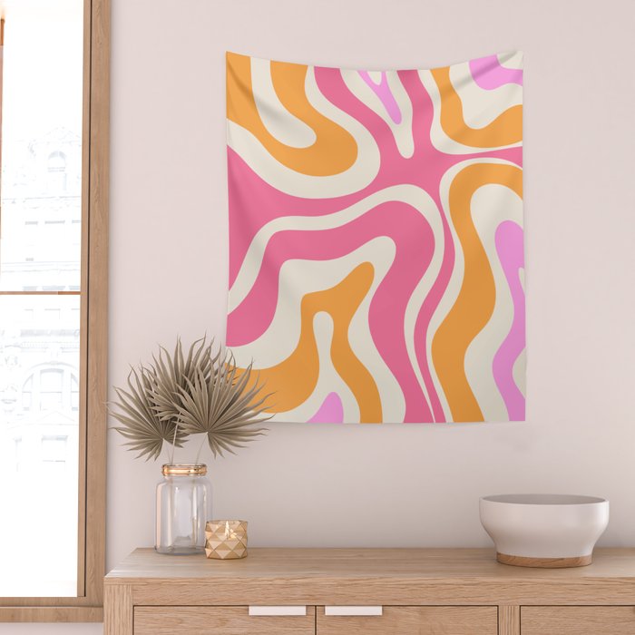 Modern Retro Liquid Swirl Abstract Pattern Vertical Pink and Orange Wall Tapestry Gallery Image 2