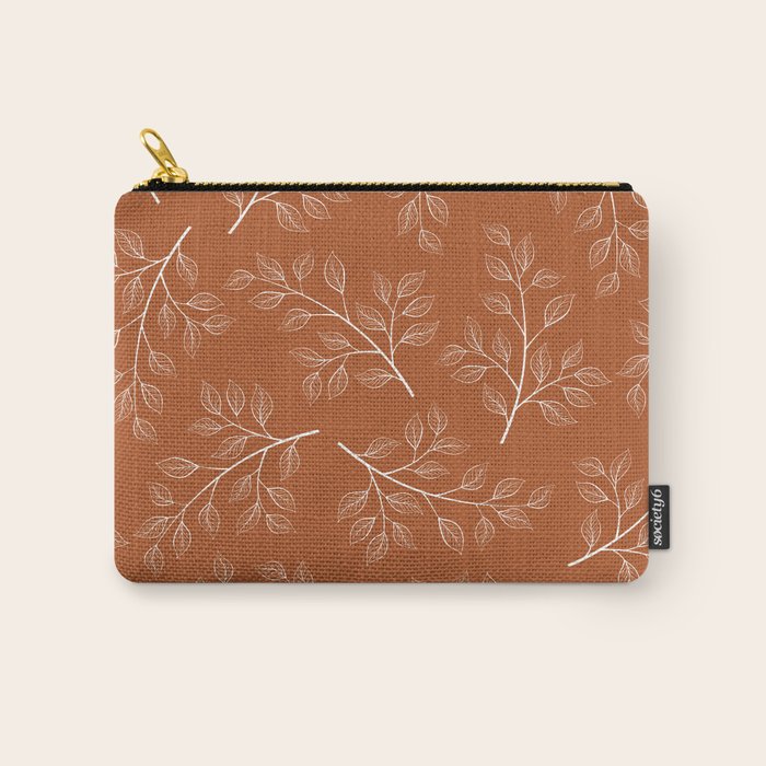 Delicate White Leaves and Branch on a Rust Orange Background Carry All Pouch Gallery Image 1