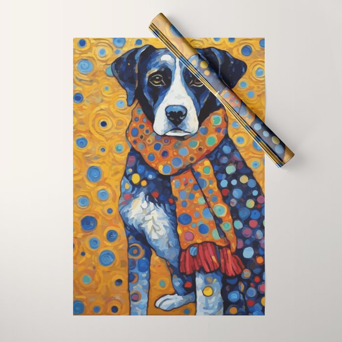 Gustav Klimt Style Dog with Red Scarf Wrapping Paper Gallery Image 1