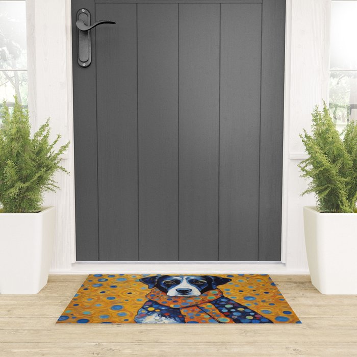 Gustav Klimt Style Dog with Red Scarf Welcome Mat Gallery Image 3
