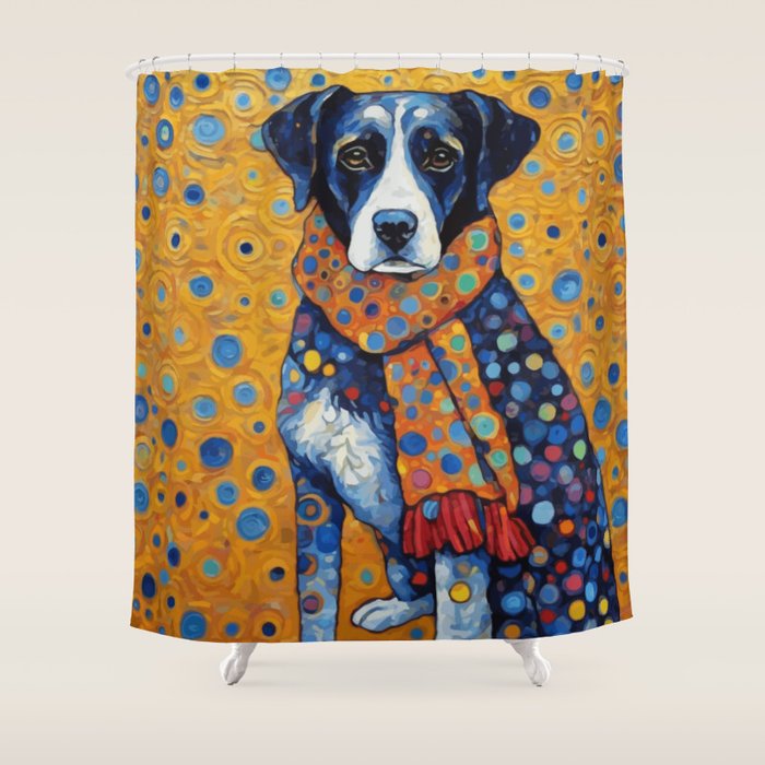 Gustav Klimt Style Dog with Red Scarf Shower Curtain Gallery Image 1