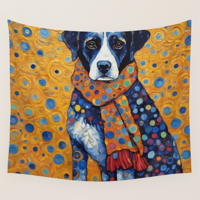 Gustav Klimt Style Dog with Red Scarf Wall Tapestry Gallery Image 1