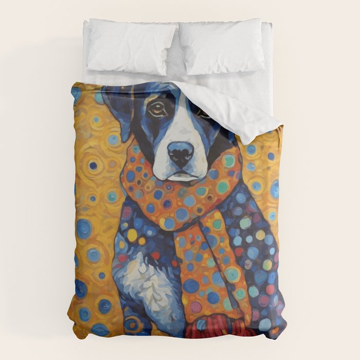 Gustav Klimt Style Dog with Red Scarf Duvet Cover Gallery Image 6