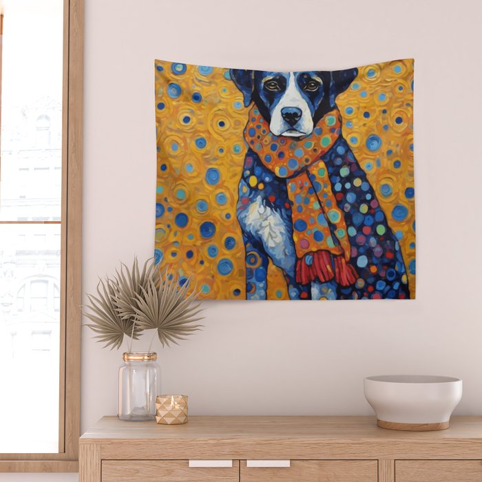 Gustav Klimt Style Dog with Red Scarf Wall Tapestry Gallery Image 2