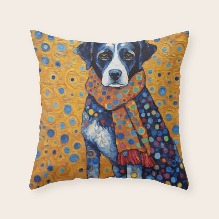 Gustav Klimt Style Dog with Red Scarf Throw Pillow Gallery Image 1