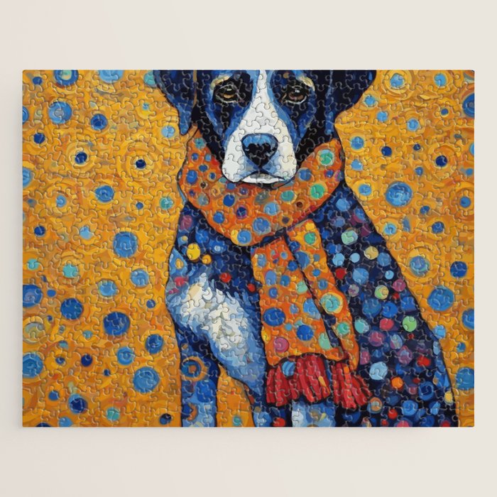Gustav Klimt Style Dog with Red Scarf Jigsaw Puzzle Gallery Image 1