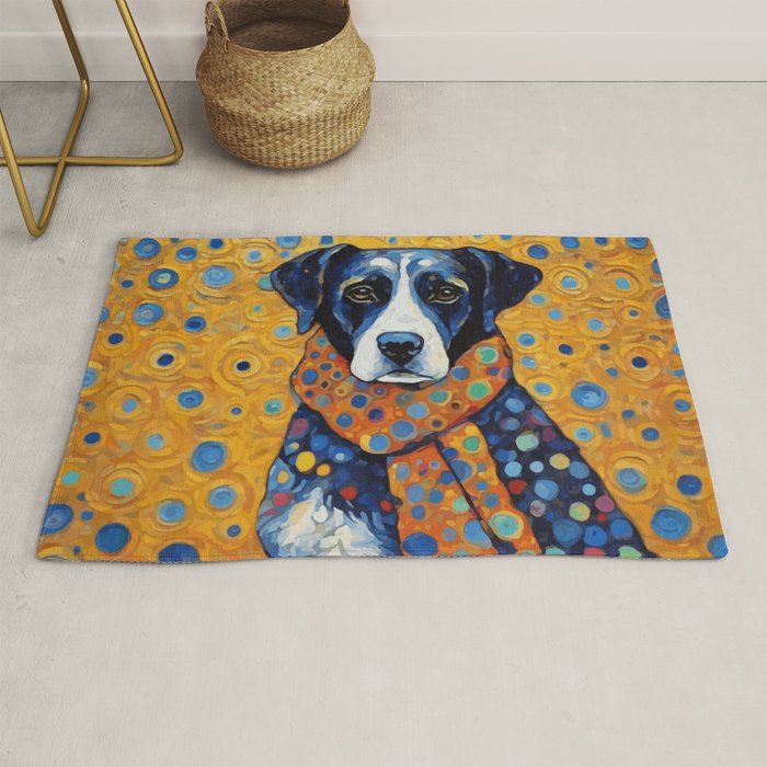 Gustav Klimt Style Dog with Red Scarf Rug Gallery Image 1