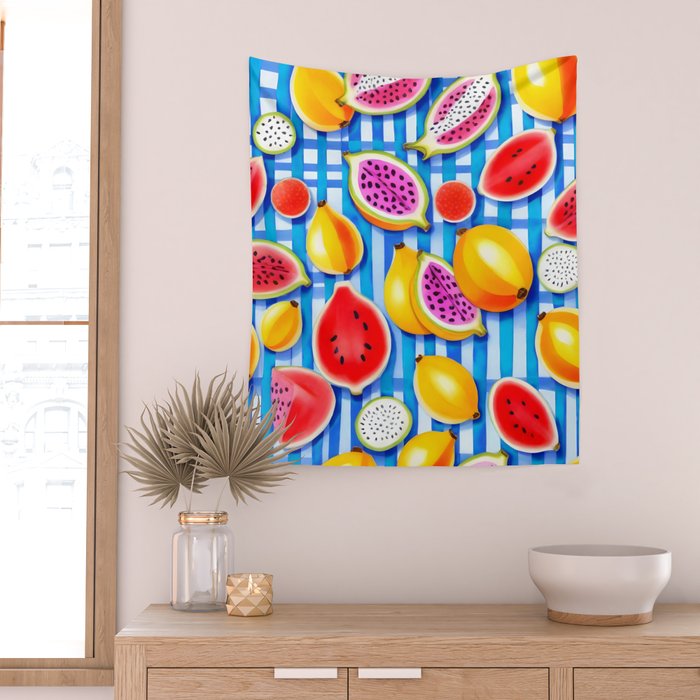 Tropical Fruit Pop, Colorful Eclectic Mango Dragon Fruits, Watermelon Eclectic Juicy Food Picnic  Wall Tapestry Gallery Image 2