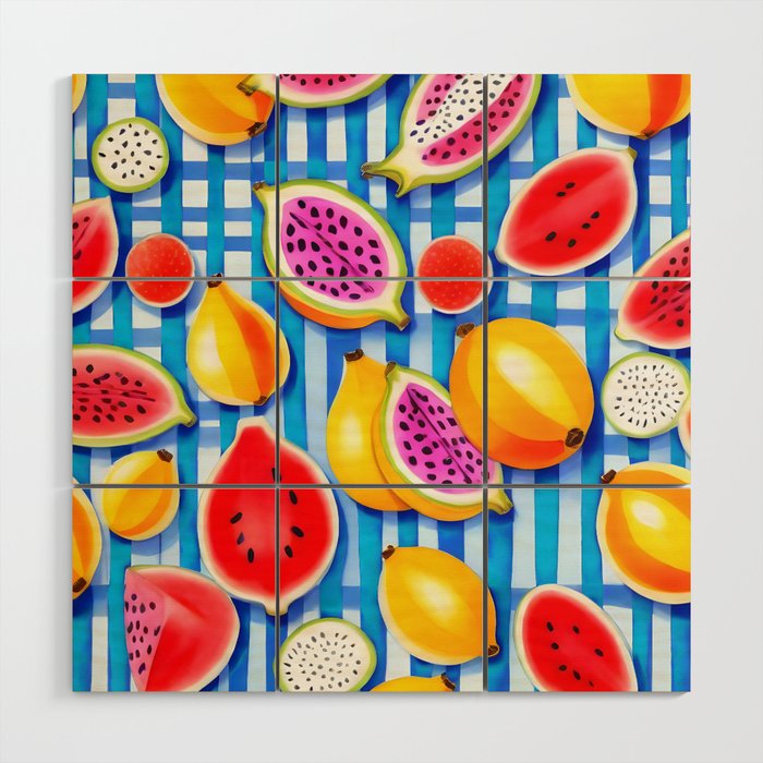 Tropical Fruit Pop, Colorful Eclectic Mango Dragon Fruits, Watermelon Eclectic Juicy Food Picnic  Wood Wall Art Gallery Image 1