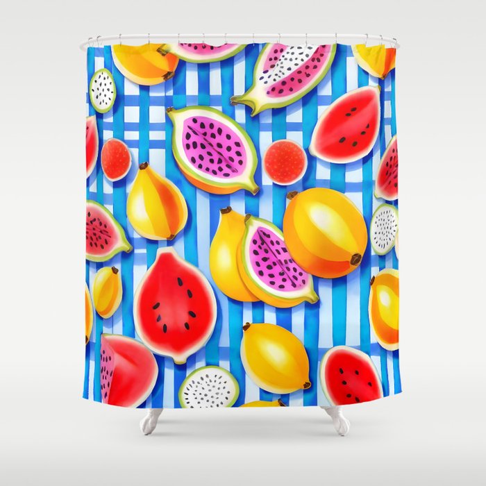 Tropical Fruit Pop, Colorful Eclectic Mango Dragon Fruits, Watermelon Eclectic Juicy Food Picnic  Shower Curtain Gallery Image 1